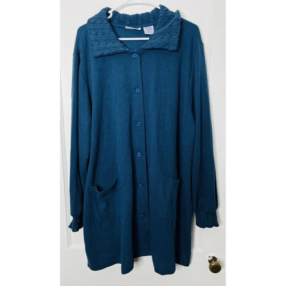 Vintage Blair Womens Knit Button Up Cardigan Sz 3X Blue Pockets Stretch